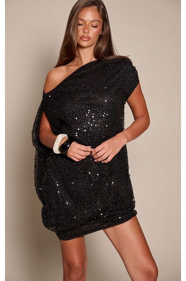 Black Sequin Asymmetric Bagged Over Mini Dress
