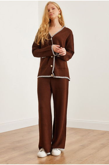 Women's Bitter Coffee Piping Detailed Top Cardigan Bottom Trousers Knitwear Set