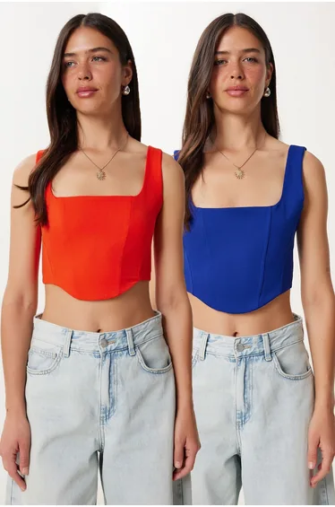 Women's Orange Dark Blue 2-Pack Strappy Crop Woven Blouse