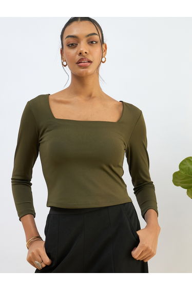 Olive Square Neck Knitted Crop Top