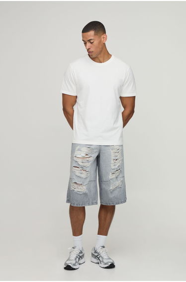 Embroidered Ripped Longline Jorts - light grey