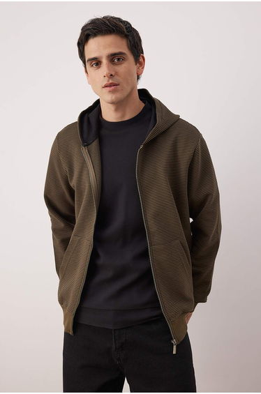 Haki regular/normal cut zippered hooded textured sweatshirt