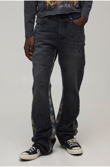Washed Camo Gusset Stacked Flared Jeans - washed black