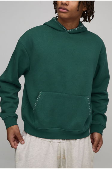 Oversized Boxy Blanket Stitch Hoodie - forest