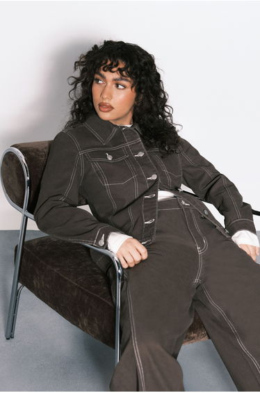 Cinched Waist Denim Jacket - chocolate