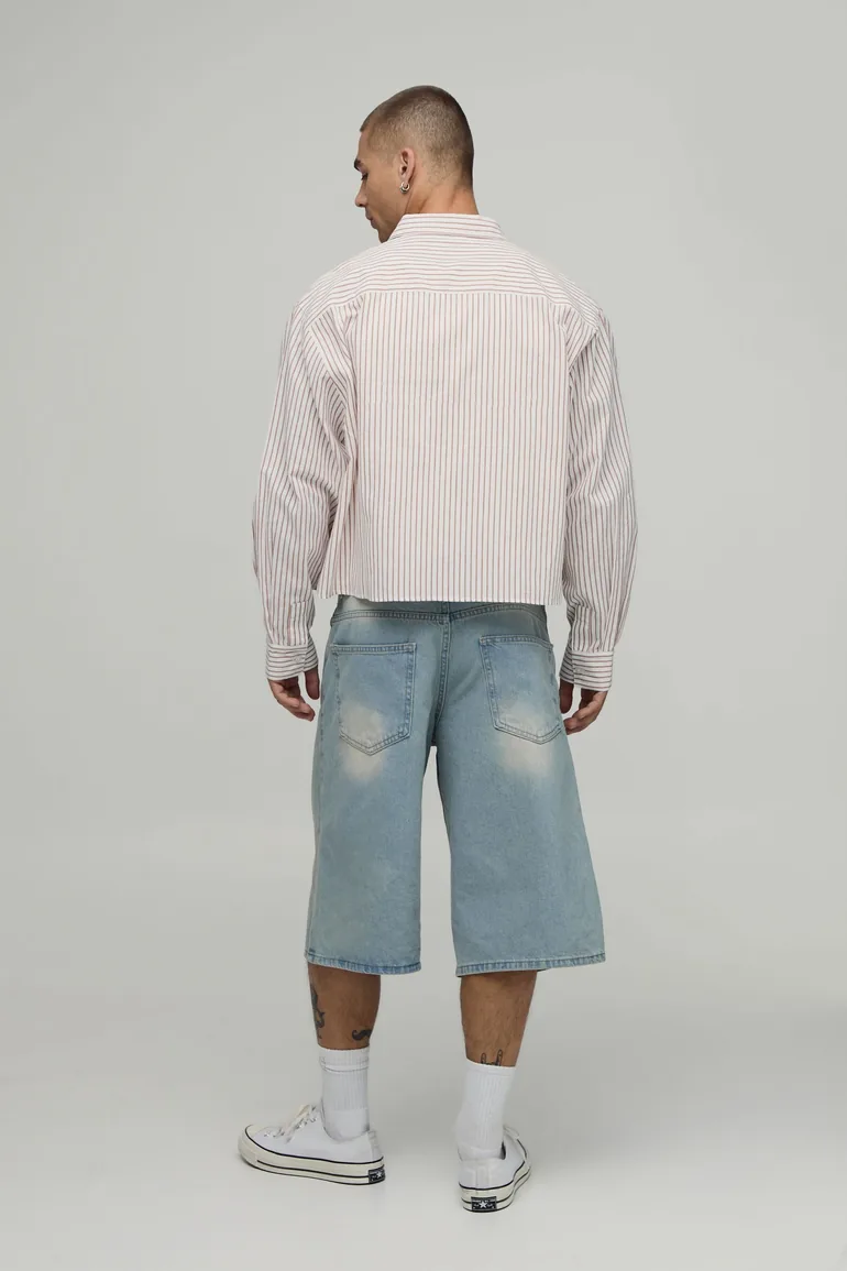 Cropped Boxy Oversized Stripe Shirt - brown - 1