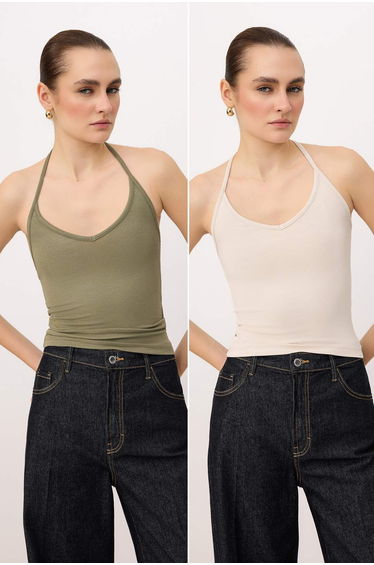 Khaki-Stone Plain Fitted Halter Neck Tie-Detail Standard Sleeveless Cotton Rib Knit Knitted Undershirt