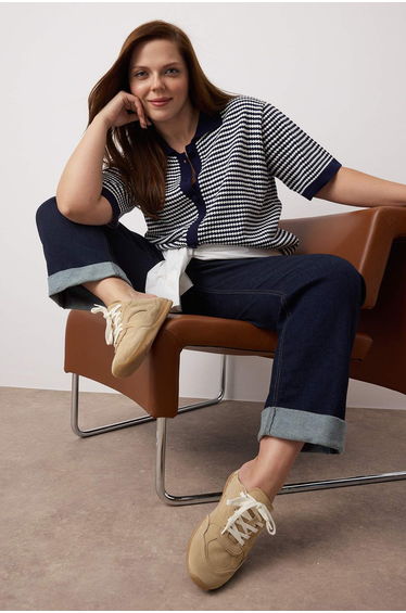 Navy Blue Polo Neck Striped Knitwear Blouse