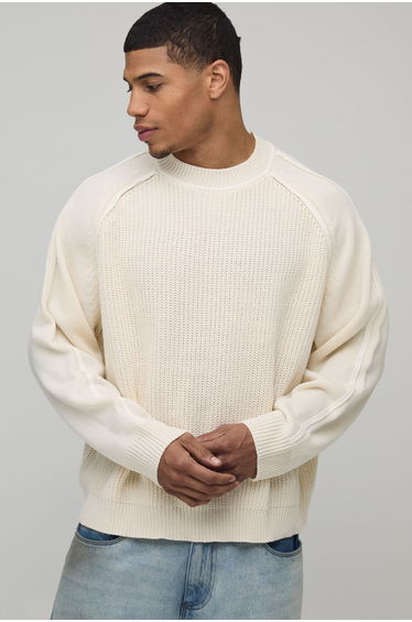 Oversized Boxy Heavy Ribbed Piping Knitted Jumper - ecru