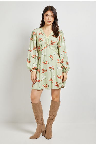 Ditsy Floral Lace Trim Long Sleeve Printed Mini Dress