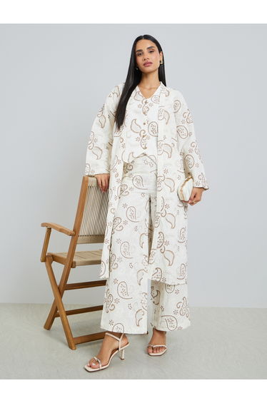 Off White Paisley Embroidered Midi Length Kimono
