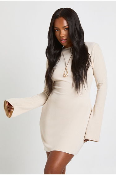 Ribbed Long Sleeve Shift Dress - beige