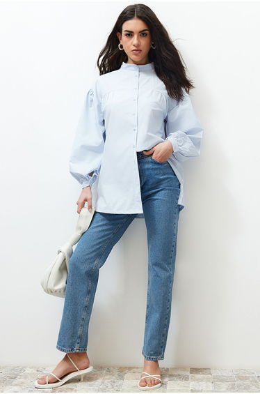 Light Blue Ruffle Detailed Cotton Basic Woven Shirt