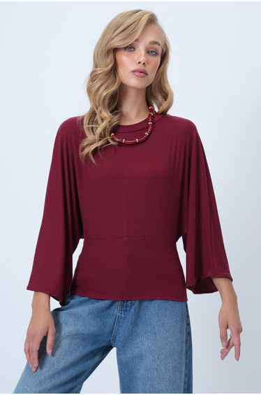 Women's burgundy crew neck corset-style knit blouse