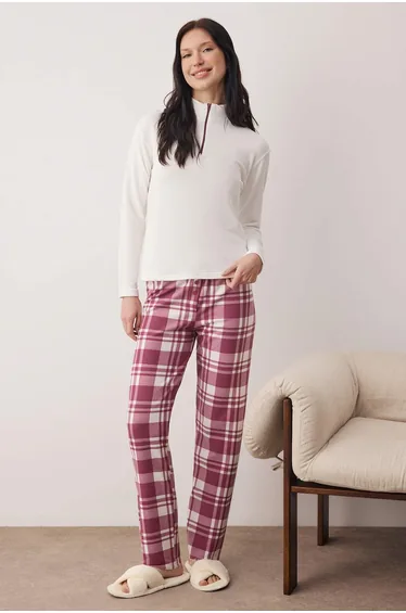 Ecru-burgundy printed zipper waffle knit pajama set