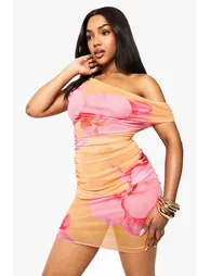 Floral Printed Off The Shoulder Mesh Mini Dress - orange - 1