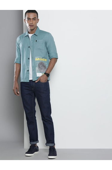 Men Blue Moon Print Slim Fit Shirt
