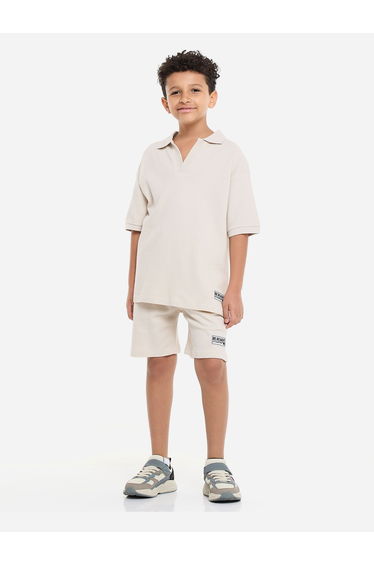 Boys Textured Polo T-Shirt and Patch Detail Shorts Set