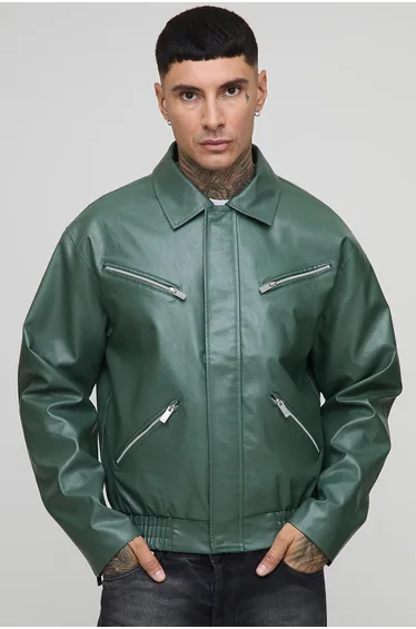 Tall Boxy Fit Zip Detail PU Collared Bomber Jacket - green