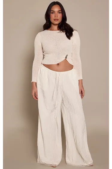 Plus Cream Textured Satin Lace Trim Trousers