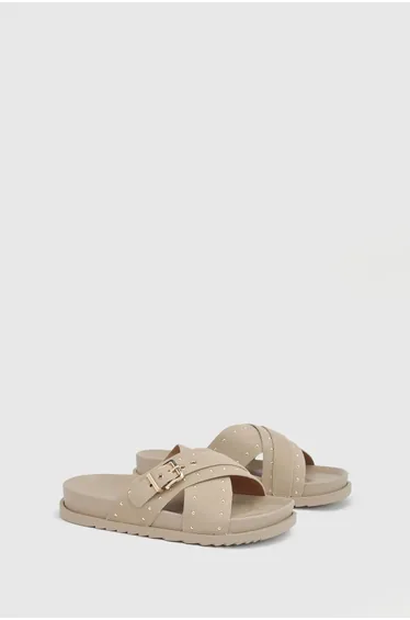 Faux Suede Stud Detail Cross Over Footbed Sliders - beige