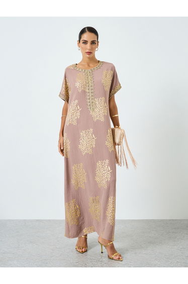 Women Tree Printed Golden Trim Patch Jalabiya
