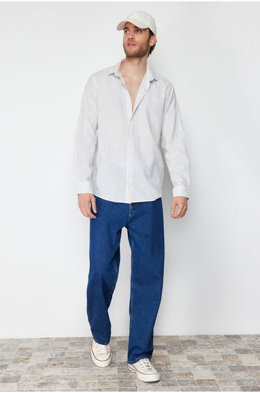 Men's Navy Blue Limited Edition Regular Fit Linen Blended Striped Shirt