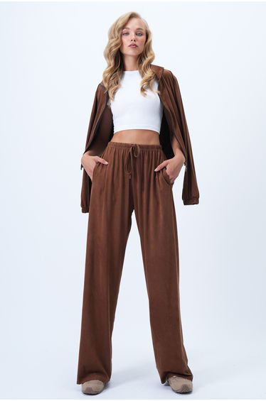 Women's Tan Double Pocket Elastic Waist Faux Suede Palazzo Pants