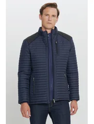 Navy Blue Standard Fit Regular Cut Mock Neck Coat - 1