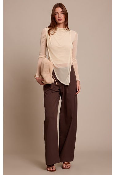 Cream High Neck Mesh Drapey Long Sleeve Top
