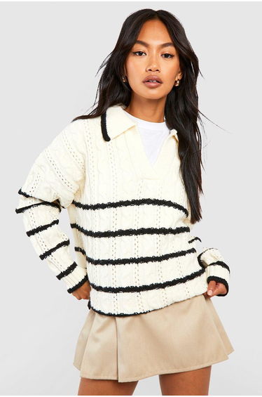 Soft Knit Cable Stripe Polo Collar Jumper - ecru