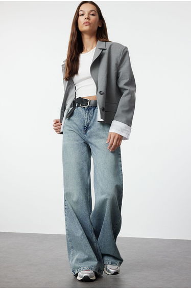 Blue Normal Waist Loose Wide Leg Jeans