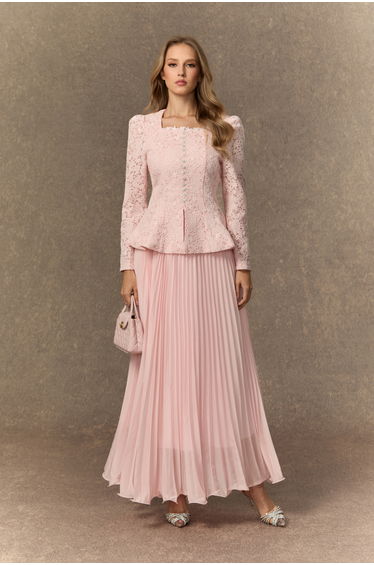 Glamorous Choice Pink Embroidered Lace Jacket & Pleated Skirt Set