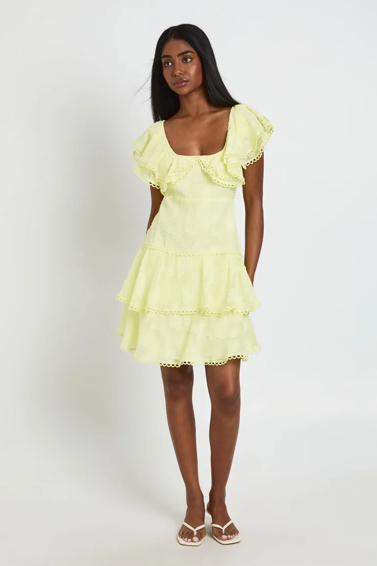 Occasion Burnout Open Back Ruffle Detail Mini Dress - lemon