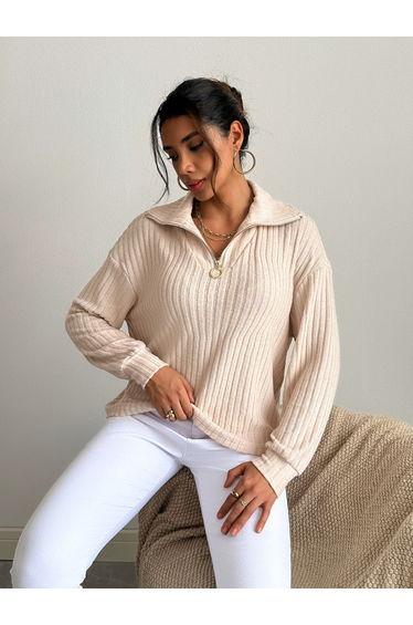 Women Beige Half-Zip Ribbed Sweatshirt