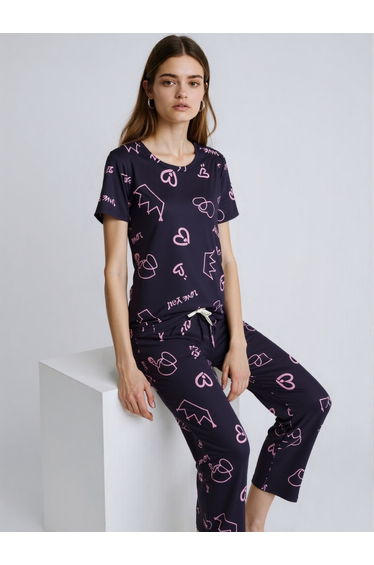 Women Graphic Round Neck T-Shirt and Pyjama Set