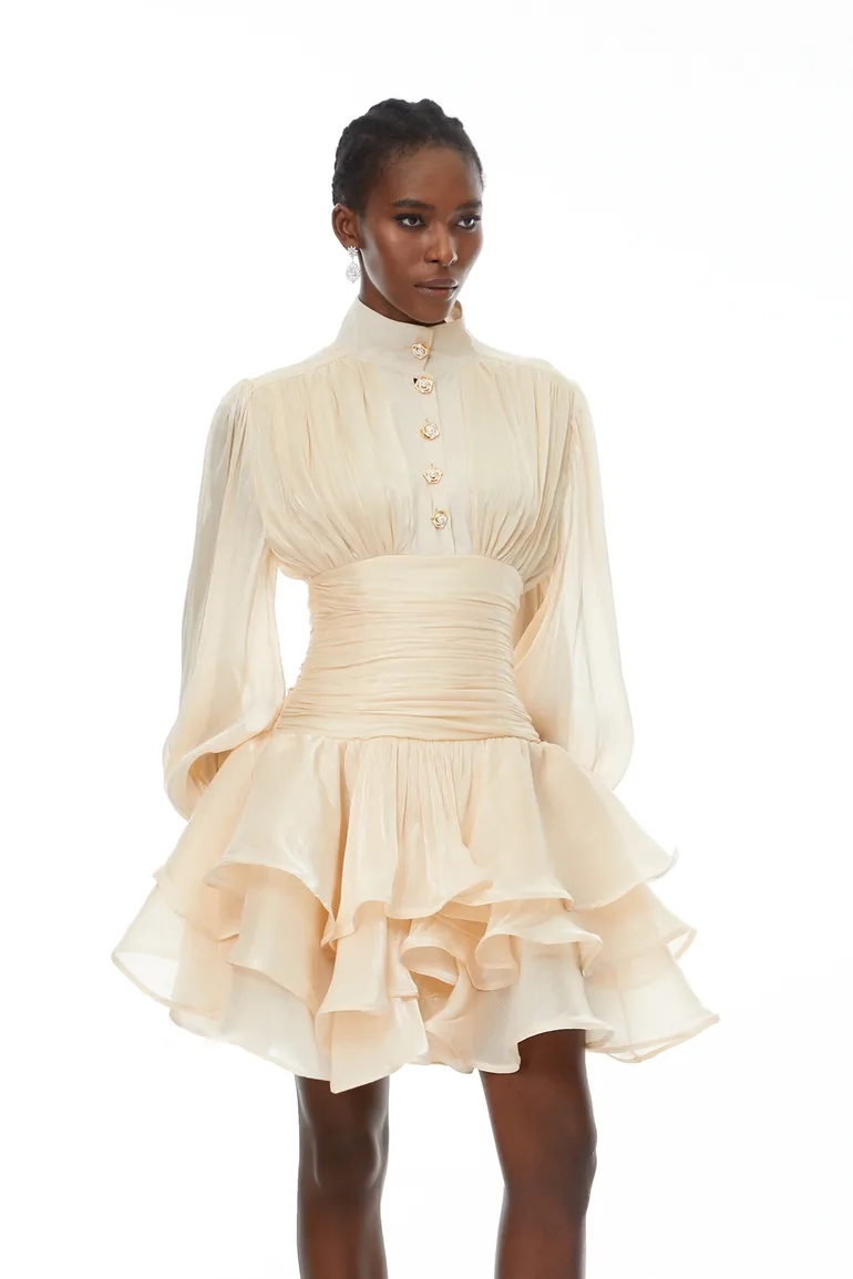 Emersyn Neutrals High-Neck Ruffled Detail Mini Dress - 3