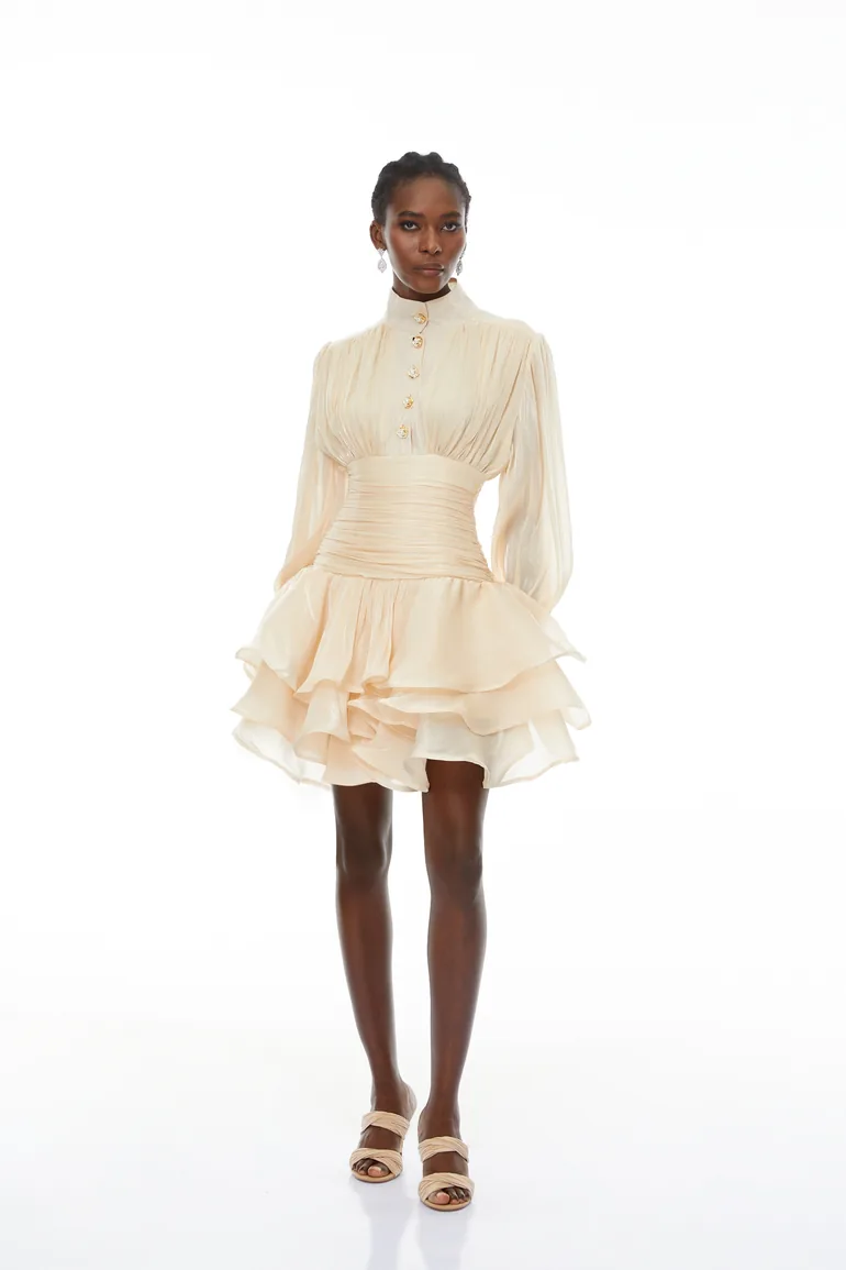 Emersyn Neutrals High-Neck Ruffled Detail Mini Dress