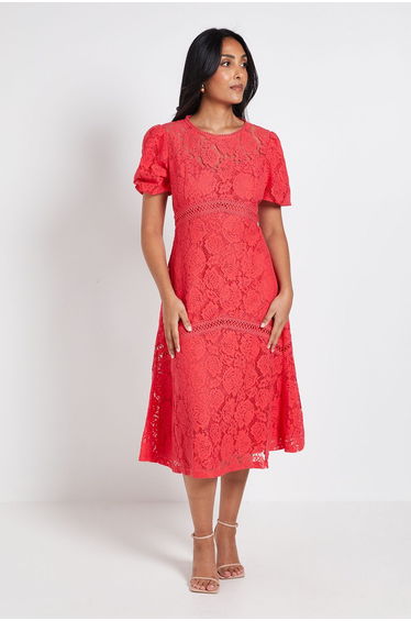 Petite Lace Puff Sleeve Midi Dress