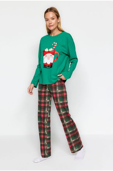 Green 100% Cotton New Year Themed Tshirt-Pants Knitted Pajama Set