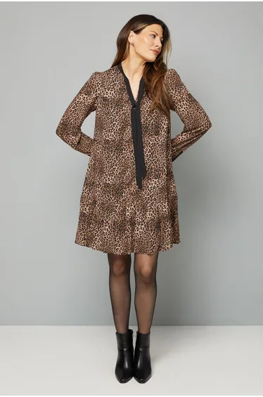 Leopard Tie Neck Pleated Shift Dress