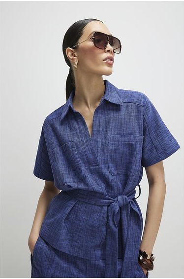 Navy Linen Look Collared Belted Top