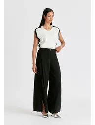 Wide Leg Trousers with Side Pleats and Split Hem - 1