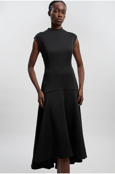 Scuba Dipped Ruffle Hem Woven Maxi Dress