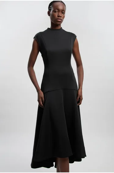 Scuba Dipped Ruffle Hem Woven Maxi Dress