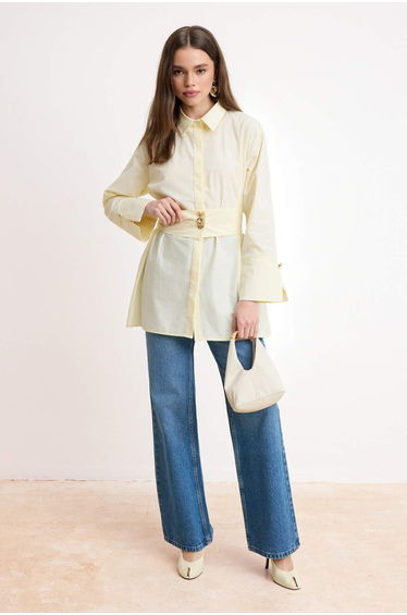 Light Beige Woven Belt Detailed Shirt