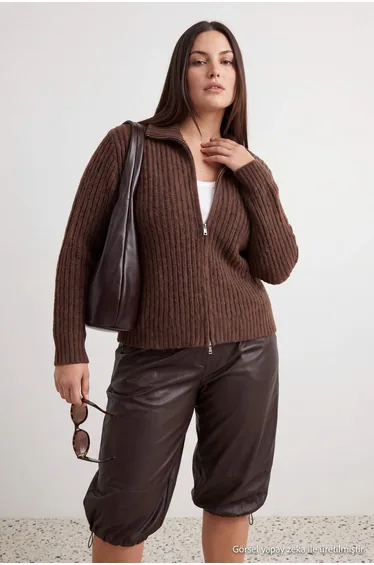 Wardrobe Essentials Brown Double-Sided Zippered Soft Textured Knitwear Cardigan