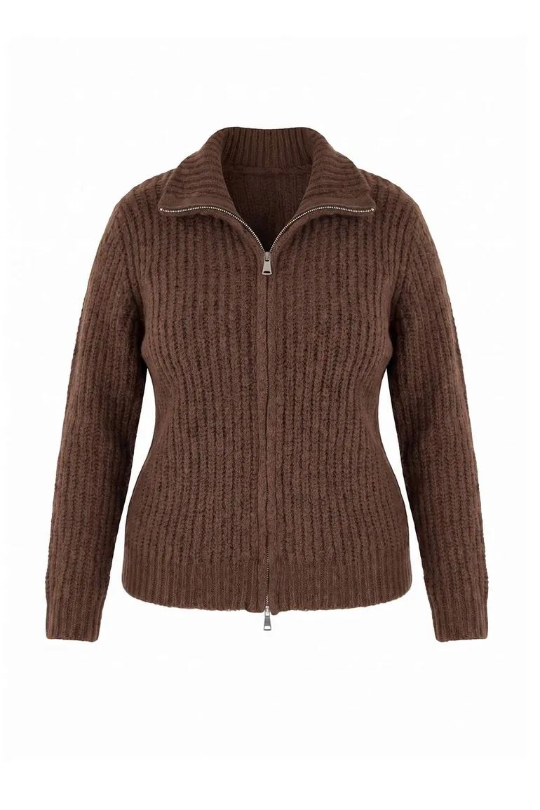 Wardrobe Essentials Brown Double-Sided Zippered Soft Textured Knitwear Cardigan - 1