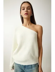 Women's Ecru Window Detailed Single Sleeve Knitwear Sweater - 4