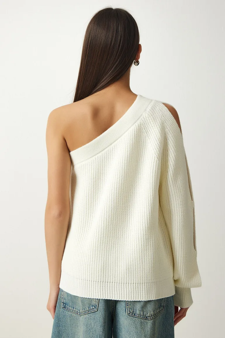 Women's Ecru Window Detailed Single Sleeve Knitwear Sweater - 1